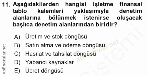 11. soru: Aşağıdakilerden hangisi işletme finansal tablo kalemleri yaklaşımıyla denetim alanlarına bölünmek istenirse oluşacak…