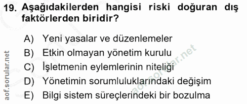 19. soru: Aşağıdakilerden hangisi riski doğuran dış faktörlerden biridir? A) Yeni yasalar ve düzenlemeler B) Etkin olmayan yöne…
