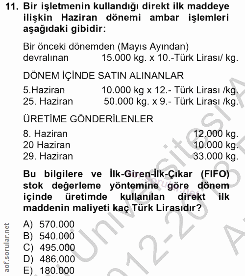11. soru: Bir işletmenin kullandığı direkt ilk maddeye ilişkin Haziran dönemi ambar işlemleri aşağıdaki gibidir: Bir önceki dön…