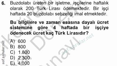 6. soru: Buzdolabı üreten bir işletme, işçilerine haftalık olarak 200 Türk Lirası ödemektedir. Bir işçi haftada 20 buzdolabı s…