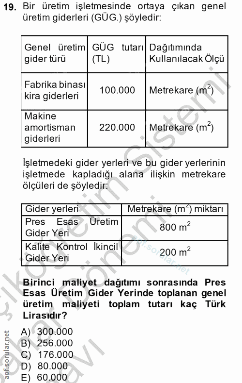 19. soru: Bir üretim işletmesinde ortaya çıkan genel üretim giderleri (GÜG.) şöyledir: Genel üretim GÜG tutarı Dağıtımında gide…