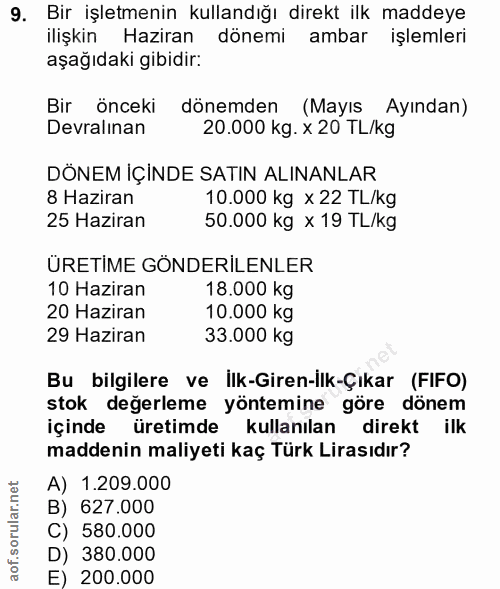 9. soru: Bir işletmenin kullandığı direkt ilk maddeye ilişkin Haziran dönemi ambar işlemleri aşağıdaki gibidir: Bir önceki dön…
