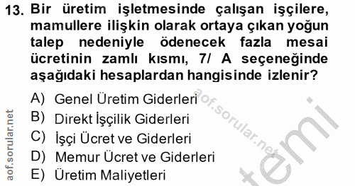 13. soru: Bir üretim işletmesinde çalışan işçilere, mamullere ilişkin olarak ortaya çıkan yoğun talep nedeniyle ödenecek fazla…