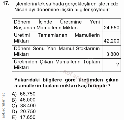 17. soru: İşlemlerini tek safhada gerçekleştiren işletmede Nisan ayı dönemine ilişkin bilgiler şöyledir: Dönem Içinde Uretimine…