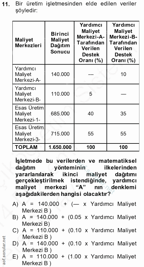 11. soru: Bir üretim işletmesinden elde edilen veriler şöyledir: Yardımcı Yardımcı Birinci Maliyet Maliyet Maliyet Maliyet Merk…