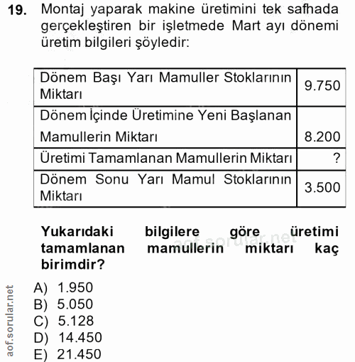 19. soru: Montaj yaparak makine üretimini tek safhada gerçekleştiren bir işletmede Mart ayı dönemi üretim bilgileri şöyledir: D…