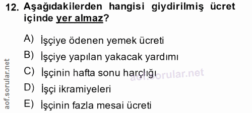 12. soru: Aşağıdakilerden hangisi giydirilmiş ücret içinde yer almaz? A) İşçiye ödenen yemek ücreti B) İşçiye yapılan yakacak y…