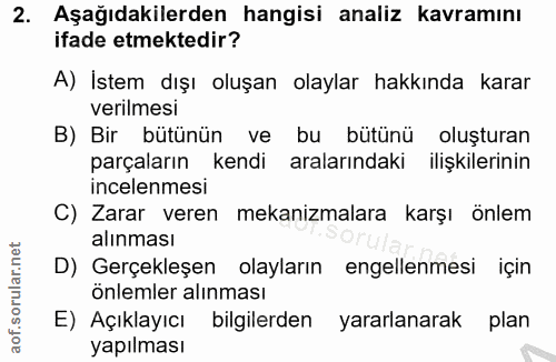 2. soru: Aşağıdakilerden hangisi analiz kavramını ifade etmektedir? A) İstem dışı oluşan olaylar hakkında karar verilmesi B) B…