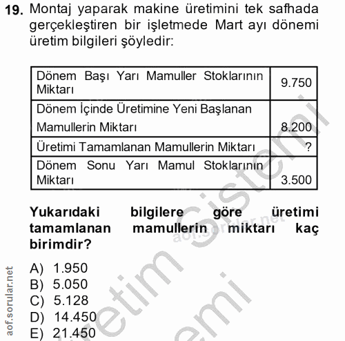 19. soru: Montaj yaparak makine üretimini tek safhada gerçekleştiren bir işletmede Mart ayı dönemi üretim bilgileri şöyledir: D…