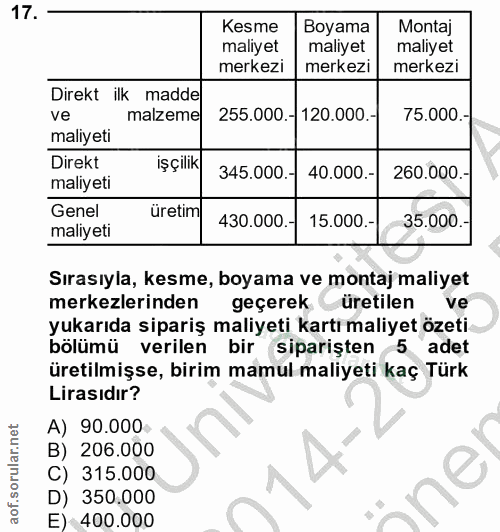 17. soru: Kesme Boyama Montaj maliyet maliyet maliyet merkezi merkezi merkezi Direkt ilk madde ve malzeme 255.000.-120.000.- 75…
