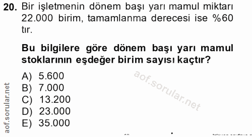 20. soru: Bir işletmenin dönem başı yarı mamul miktarı 22.000 birim, tamamlanma derecesi ise %60 tir. Bu bilgilere göre dönem b…