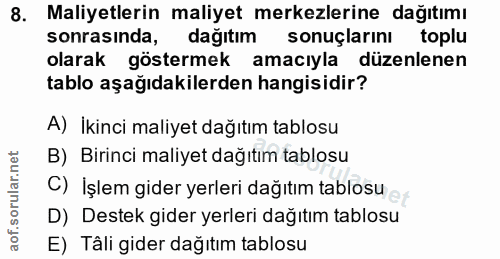 8. soru: Maliyetlerin maliyet merkezlerine dağıtımı sonrasında, dağıtım sonuçlarını toplu olarak göstermek amacıyla düzenlenen…