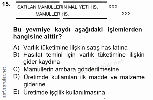 15. soru: SATILAN MAMULLERIN MALIYETI HS. XXX MAMULLER HS. XXX Bu yevmiye kaydı aşağıdaki işlemlerden hangisine aittir? A) Varl…