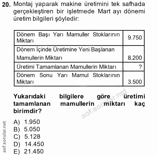 20. soru: Montaj yaparak makine üretimini tek safhada gerçekleştiren bir işletmede Mart ayı dönemi üretim bilgileri şöyledir: D…