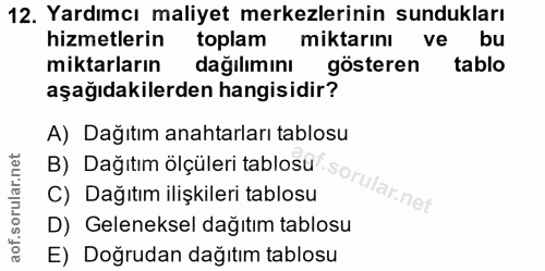 12. soru: Yardımcı maliyet merkezlerinin sundukları hizmetlerin toplam miktarını ve bu miktarların dağılımını gösteren tablo aş…