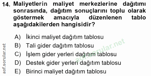 14. soru: Maliyetlerin maliyet merkezlerine dağıtımı sonrasında, dağıtım sonuçlarını toplu olarak göstermek amacıyla düzenlenen…