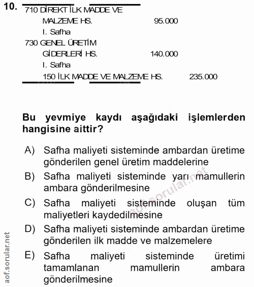 10. soru: 710 DIREKT ILK MADDE VE MALZENE HS. 95.000 1. Safha 730 GENEL ÜRETİM GIDERLERI HS. 140.000 1. Safha 150 İLK MADDE VE…
