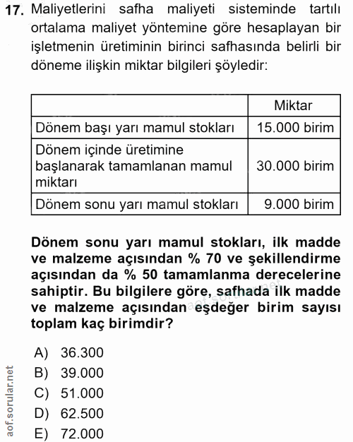 17. soru: Maliyetlerini safha maliyeti sisteminde tartılı ortalama maliyet yöntemine göre hesaplayan bir işletmenin üretiminin…