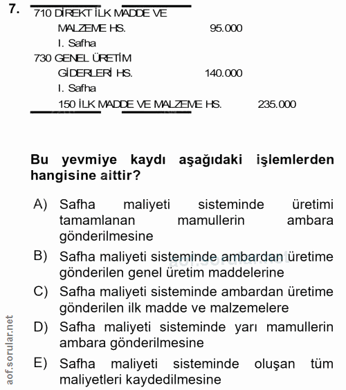 7. soru: 710 DIREKTILK MADDE VE MALZEME HS. 95.000 1. Safha 730 GENEL ÜRETİM GIDERLERI HS. 140.000 I. Safha 150 ILK MADDE VE M…