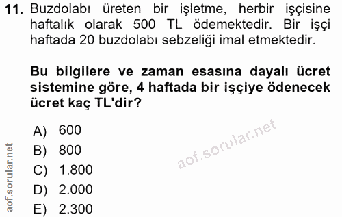 11. soru: Buzdolabı üreten bir işletme, herbir işçisine haftalık olarak 500 TL ödemektedir. Bir işçi haftada 20 buzdolabı sebze…