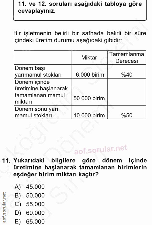 11. soru: ve 12. soruları aşağıdaki tabloya göre cevaplayınız. Bir işletmenin belirli bir safhada belirli bir süre içindeki üre…