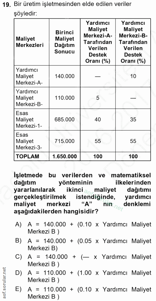 19. soru: Bir üretim işletmesinden elde edilen veriler şöyledir: Yardımcı Yardımcı Birinci Maliyet Maliyet Maliyet Maliyet Merk…