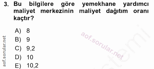 3. soru: Bu bilgilere göre yemekhane yardımcı maliyet merkezinin maliyet dağıtım oranı kaçtır? A) 8 B) 9 C) 9,2 D) 10 E) 10,2