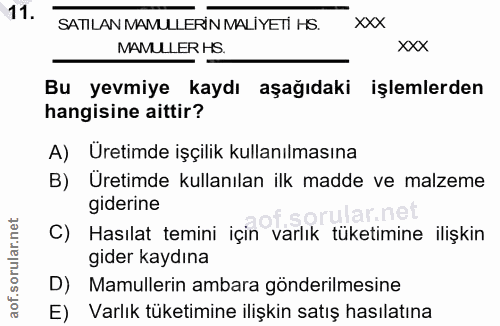 11. soru: SATILAN MAMULLERIN MALIYETI HS. XXX MAMULLER HS. XXX Bu yevmiye kaydı aşağıdaki işlemlerden hangisine aittir? A) Uret…
