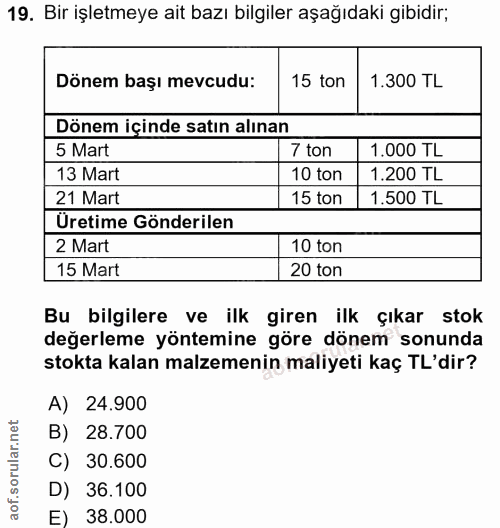 19. soru: Bir işletmeye ait bazı bilgiler aşağıdaki gibidir; Dönem başı mevcudu: 15 ton 1.300 TL Dönem içinde satın alınan 5 Ma…