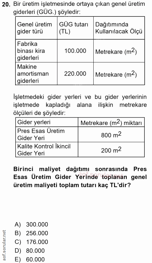 20. soru: Bir üretim işletmesinde ortaya çıkan genel üretim giderleri (GÜG.) şöyledir: Genel üretim GÜG tutarı Dağıtımında gide…