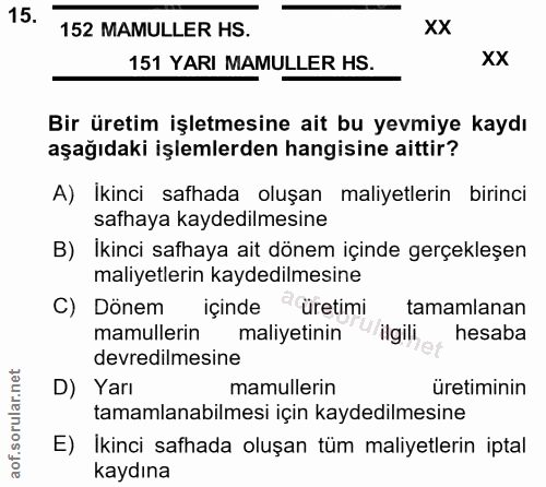 15. soru: 152 MAMULLER HS. XX 151 YARI MAMULLER HS. XX Bir üretim işletmesine ait bu yevmiye kaydı aşağıdaki işlemlerden hangis…