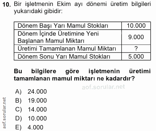 10. soru: Bir işletmenin Ekim ayı dönemi üretim bilgileri yukarıdaki gibidir: Dönem Başı Yarı Mamul Stokları 10.000 Dönem İçind…