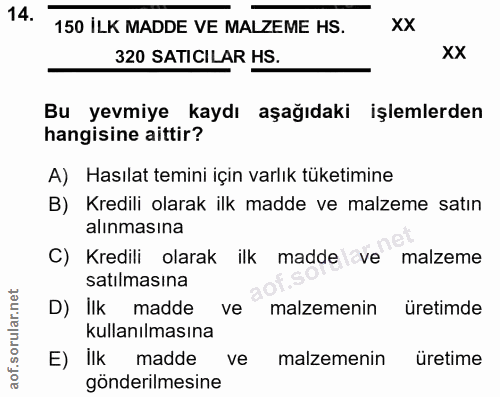 14. soru: 150 İLK MADDE VE MALZEME HS. xX 320 SATICILAR HS. xX Bu yevmiye kaydı aşağıdaki işlemlerden hangisine aittir? A) Hası…