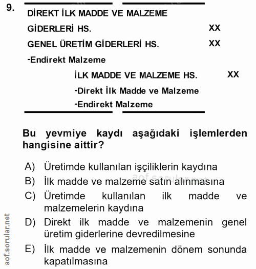 9. soru: DIREKT ILK MADDE VE MALZEME GIDERLERİ HS. XX GENEL ÜRETİM GİDERLERİ HS. XX -Endirekt Malzeme İLK MADDE VE MALZEME HS.…
