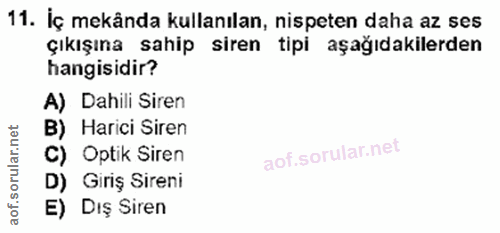 11. soru: Iç mekânda kullanılan, nispeten daha az ses çıkışına sahip siren tipi aşağıdakilerden hangisidir? A) Dahili Siren B)…