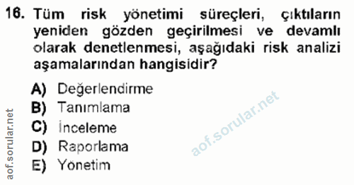 16. soru: Tüm risk yönetimi süreçleri, Çıktıların yeniden gözden geçirilmesi ve devamlı olarak denetlenmesi, aşağıdaki risk ana…