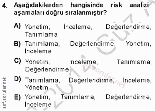 4. soru: Aşağıdakilerden hangisinde risk analizi aşamaları doğru sıralanm ıştır? A) Yönetim, Inceleme, Değerlendirme, Tanımlam…