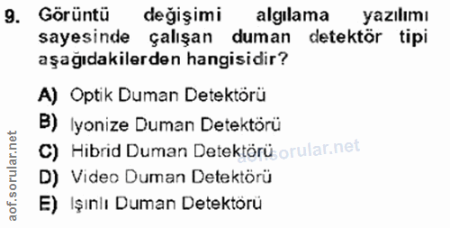 9. soru: Görüntü değişimi algılama yazılımı sayesinde çalışan duman detektör tipi aşağıdakilerden hangisidir? A) Optik Duman D…