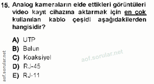 15. soru: Analog kameraların elde ettikleri görüntüleri video kayıt cihazına aktarmak için en çok kullanılan kablo çeşidi aşağı…
