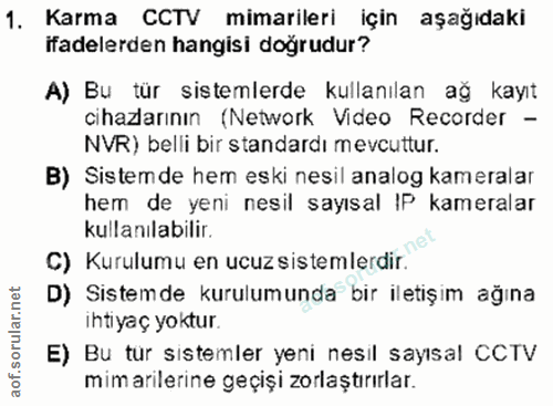 1. soru: Karma CCTV mimarileri için aşağıdaki ifadelerden hangisi dogrudur? A) Bu tür sistemlerde kullanılan ağ kayıt cihazlar…