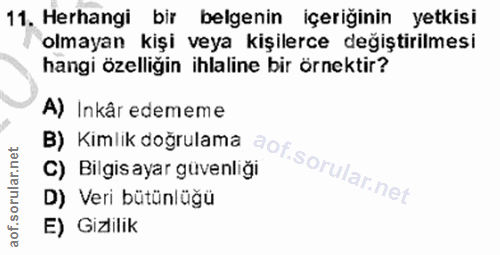 11. soru: Herhangi bir belgenin içeriğinin yetkisi olmayan kişi veya kişilerce değiştirilmesi hangi özelliğin ihlaline bir örne…