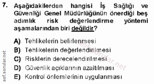 7. soru: Aşağıdakilerden hangisi İş Sağlığı ve Güvenliği Genel Müdürlüğünün önerdiği beş adımlık risk değerlendirme yöntemi aş…