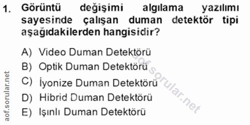 1. soru: Görüntü değişimi algilama yazılımı sayesinde çalışan duman detektör tipi aşağıdakilerden hangisidir? A) Video Duman D…