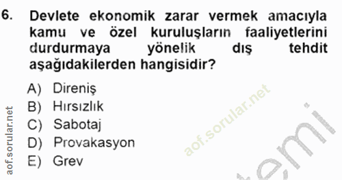 6. soru: Devlete ekonomik zarar vermek amacıyla kamu ve özel kuruluşların faaliyetlerini durdurmaya yönelik dış tehdit aşağıda…