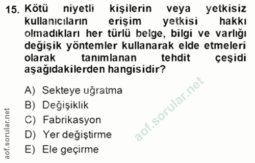 15. soru: Kötü niyetli kişilerin veya yetkisiz kullanıcıların erişim yetkisi hakkı olmadıkları her türlü belge, bilgi ve varlığ…