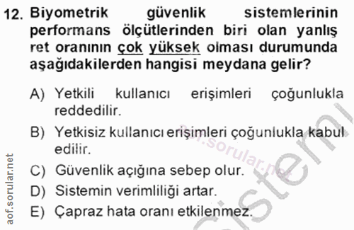 12. soru: Biyometrik güvenlik sistemlerinin performans ölçütlerinden biri olan yanlış ret oranının çok yüksek olması durumunda…
