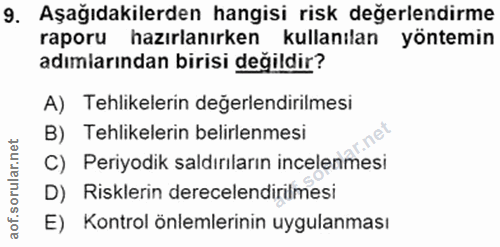 9. soru: Aşağıdakilerden hangisi risk değerlendirme raporu hazırlanırken kullanılan yöntemin adımlarından birisi değildir? A)…
