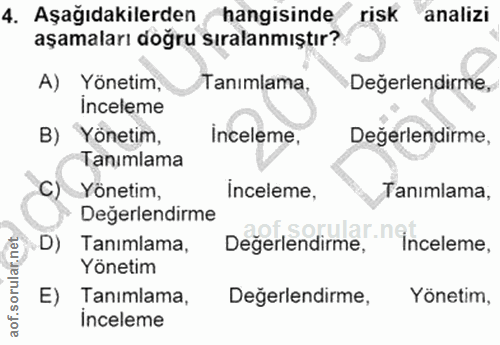 4. soru: Aşağıdakilerden hangisinde risk analizi aşamaları doğru sıralanmıştır? A) Yönetim, Tanımlama, Değerlendirme, inceleme…