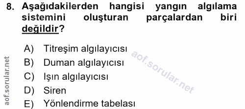8. soru: Aşağıdakilerden hangisi yangın algılama sistemini oluşturan parçalardan biri değildir? A) Titreşim algılayıcısı B) Du…