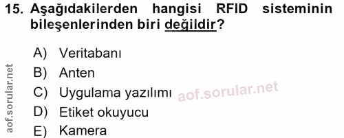 15. soru: Aşağıdakilerden hangisi RFID sisteminin bileşenlerinden biri değildir? A) Veritabanı B) Anten C) Uygulama yazılımı D)…